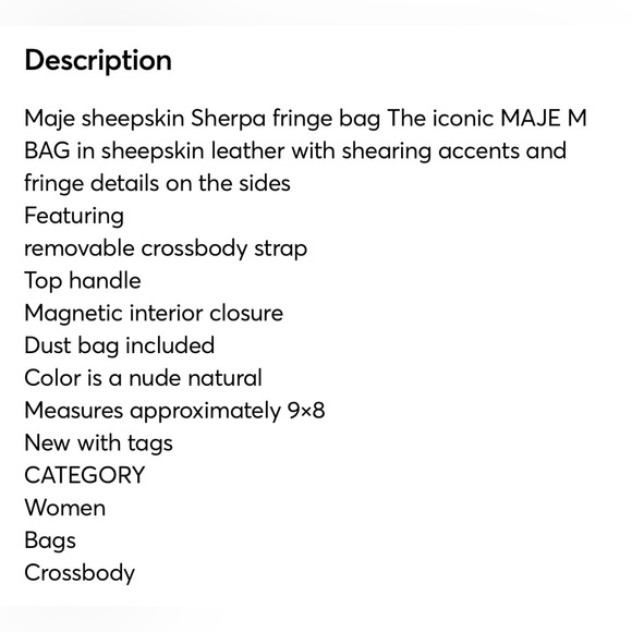 New MAJE NWT SHEEPSKIN SHERPAFRINGE CROSSBODY HANDBAG, NUDE/ NATURAL bag - Picture 15 of 15